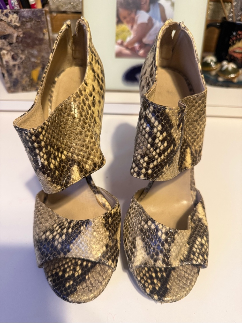 Jimmy Choo Snake-Print Open-Toe High Heels in Beige and Black